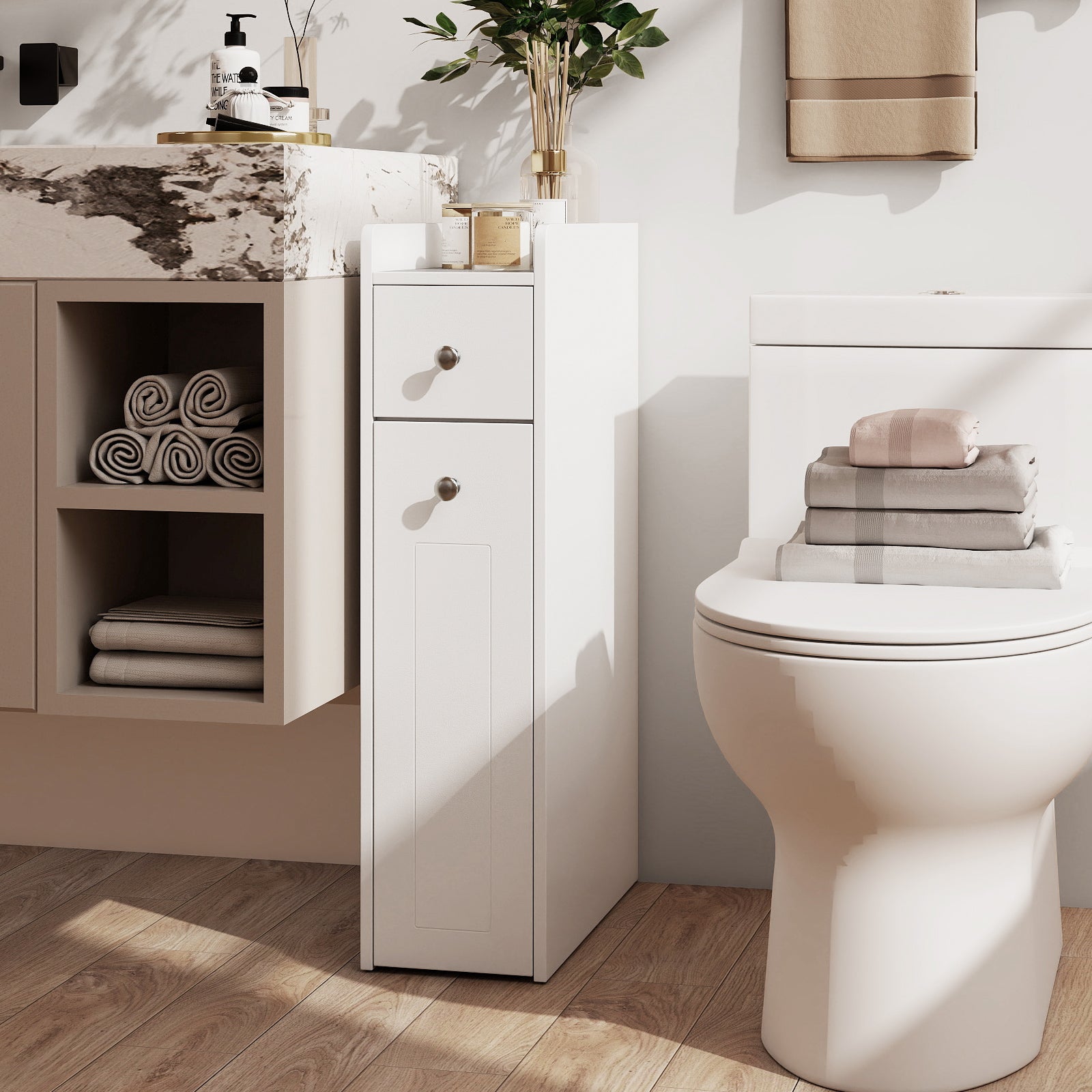 Small Bathroom Storage Cabinet 4-Tier Narrow Toilet Side Storage Cabinet with Slide Out Drawers on Casters, White Floor Cabinets at Gallery Canada