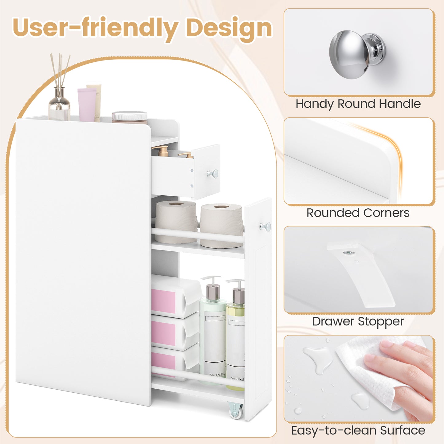Small Bathroom Storage Cabinet 4-Tier Narrow Toilet Side Storage Cabinet with Slide Out Drawers on Casters, White Floor Cabinets at Gallery Canada