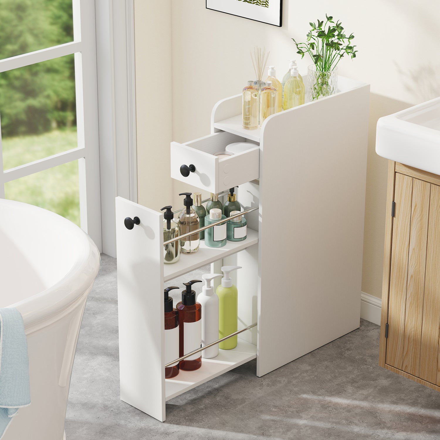 Small Bathroom Storage Cabinet 4-Tier Narrow Toilet Side Storage Cabinet with Slide Out Drawers on Casters, White Floor Cabinets at Gallery Canada