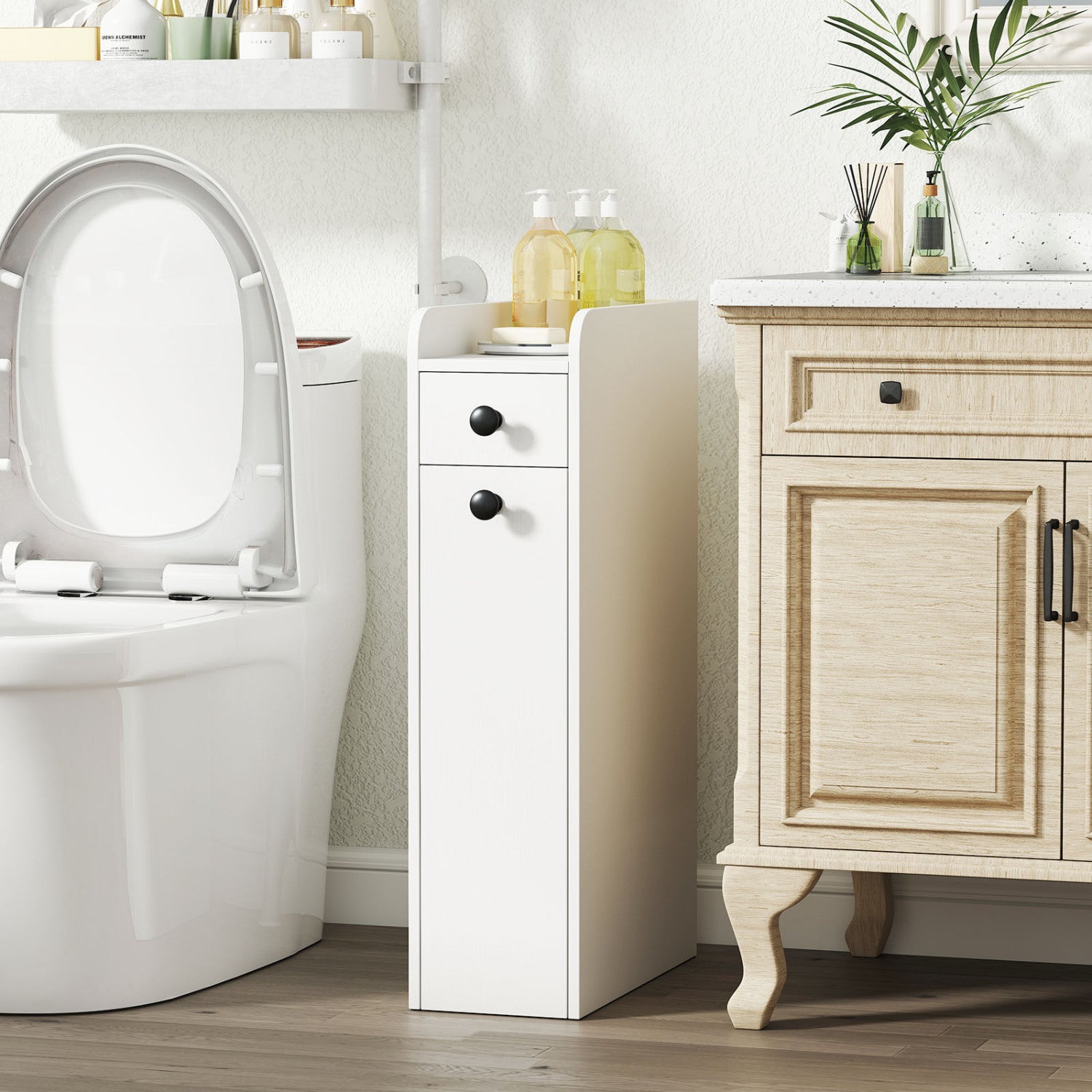 Small Bathroom Storage Cabinet 4-Tier Narrow Toilet Side Storage Cabinet with Slide Out Drawers on Casters, White Floor Cabinets at Gallery Canada