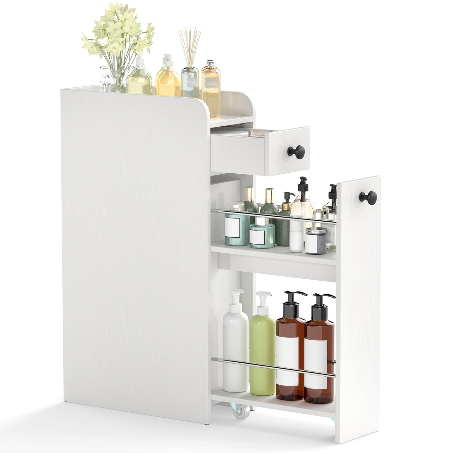 Small Bathroom Storage Cabinet 4-Tier Narrow Toilet Side Storage Cabinet with Slide Out Drawers on Casters, White Floor Cabinets at Gallery Canada