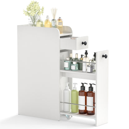 Small Bathroom Storage Cabinet 4-Tier Narrow Toilet Side Storage Cabinet with Slide Out Drawers on Casters, White Floor Cabinets at Gallery Canada