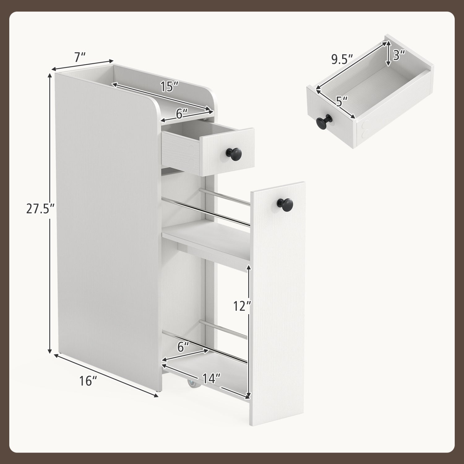 Small Bathroom Storage Cabinet 4-Tier Narrow Toilet Side Storage Cabinet with Slide Out Drawers on Casters, White Floor Cabinets at Gallery Canada