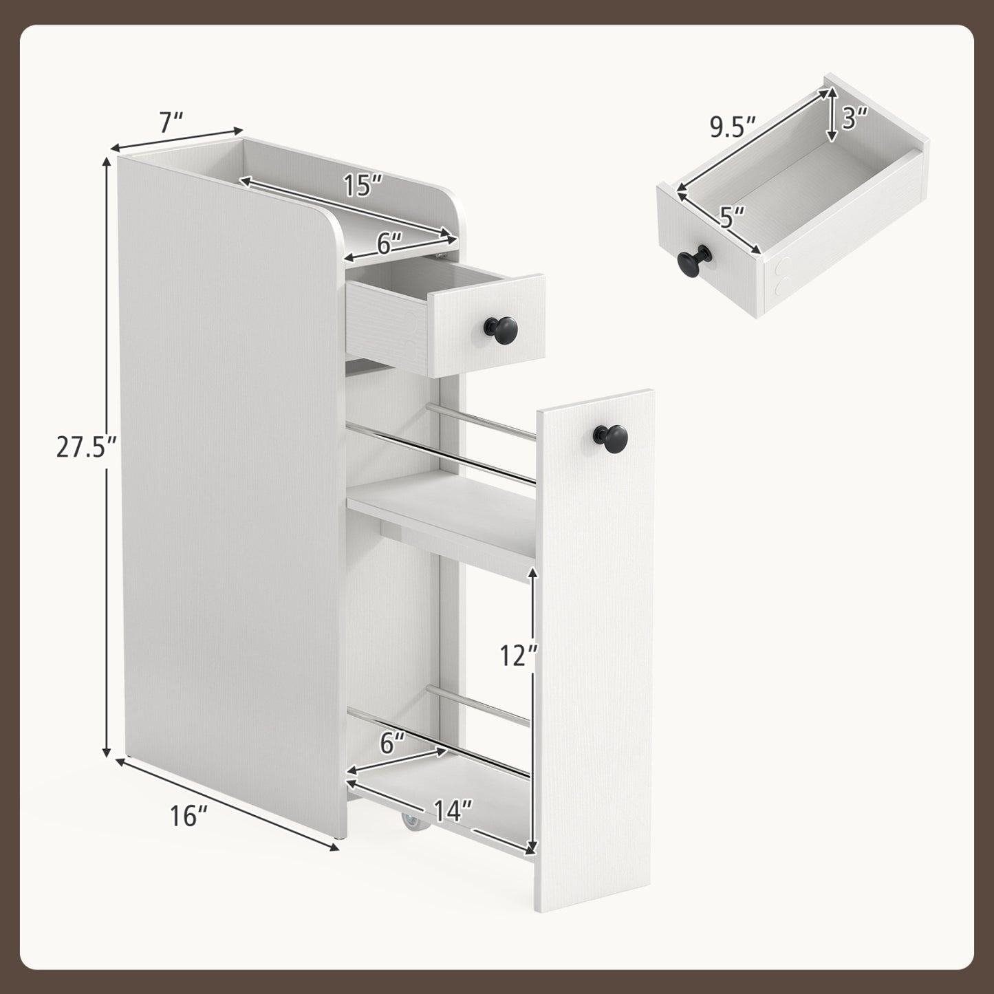 Small Bathroom Storage Cabinet 4-Tier Narrow Toilet Side Storage Cabinet with Slide Out Drawers on Casters, White Floor Cabinets at Gallery Canada