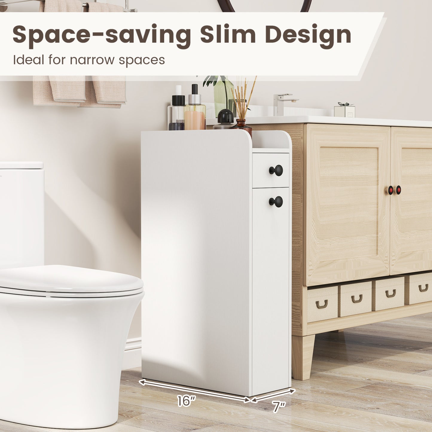 Small Bathroom Storage Cabinet 4-Tier Narrow Toilet Side Storage Cabinet with Slide Out Drawers on Casters, White Floor Cabinets at Gallery Canada