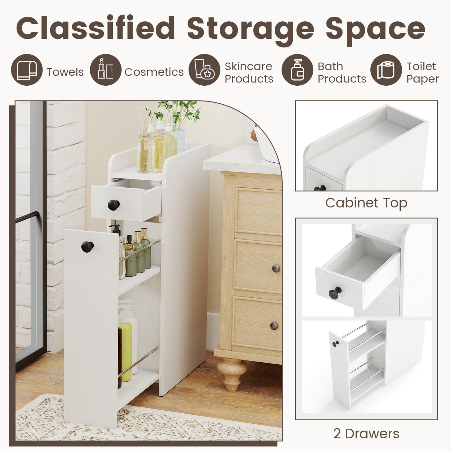 Small Bathroom Storage Cabinet 4-Tier Narrow Toilet Side Storage Cabinet with Slide Out Drawers on Casters, White Floor Cabinets at Gallery Canada