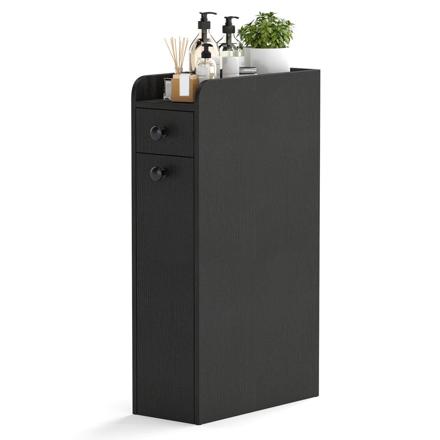 Small Bathroom Storage Cabinet 4-Tier Narrow Toilet Side Storage Cabinet with Slide Out Drawers on Casters, Black Floor Cabinets at Gallery Canada