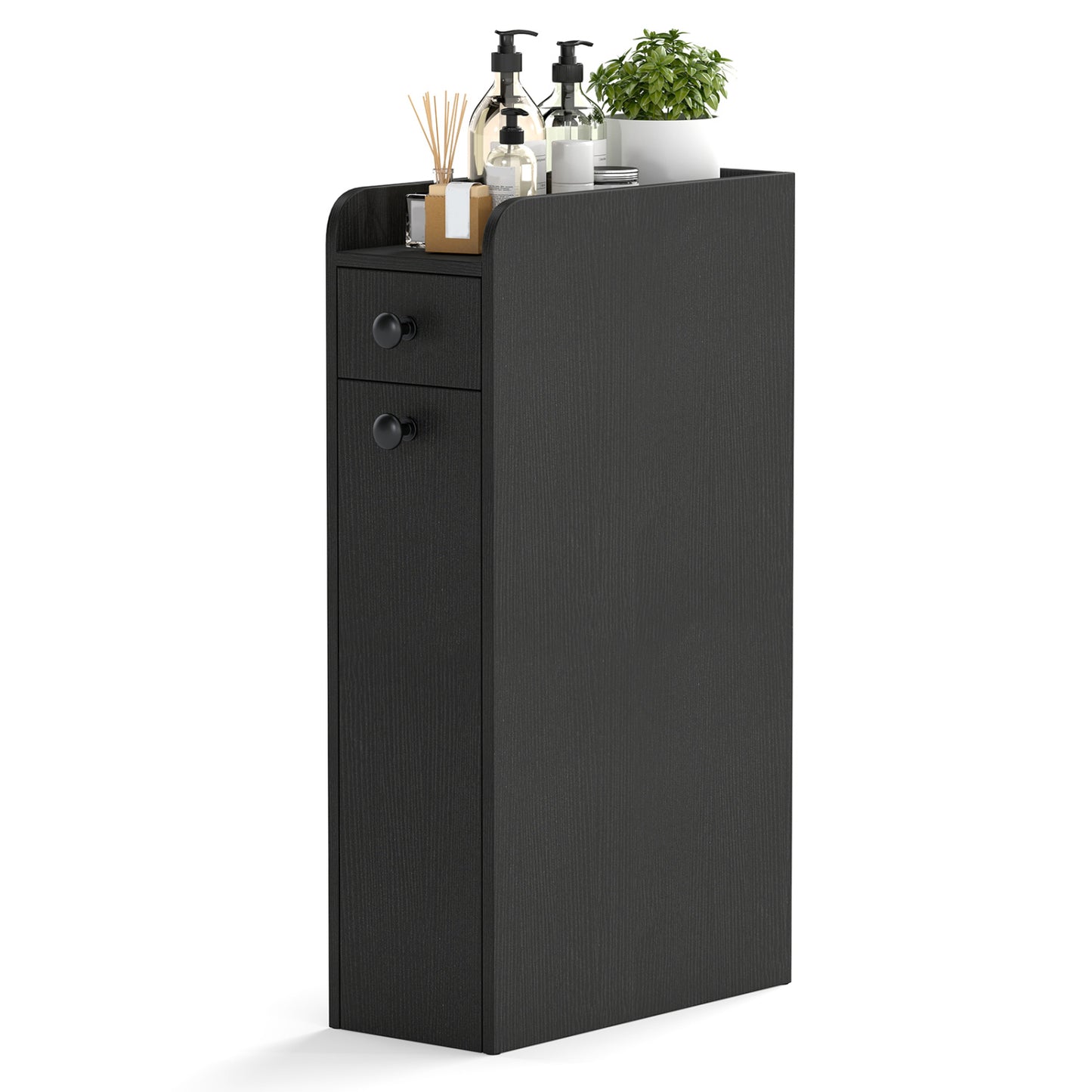 Small Bathroom Storage Cabinet 4-Tier Narrow Toilet Side Storage Cabinet with Slide Out Drawers on Casters, Black Floor Cabinets at Gallery Canada