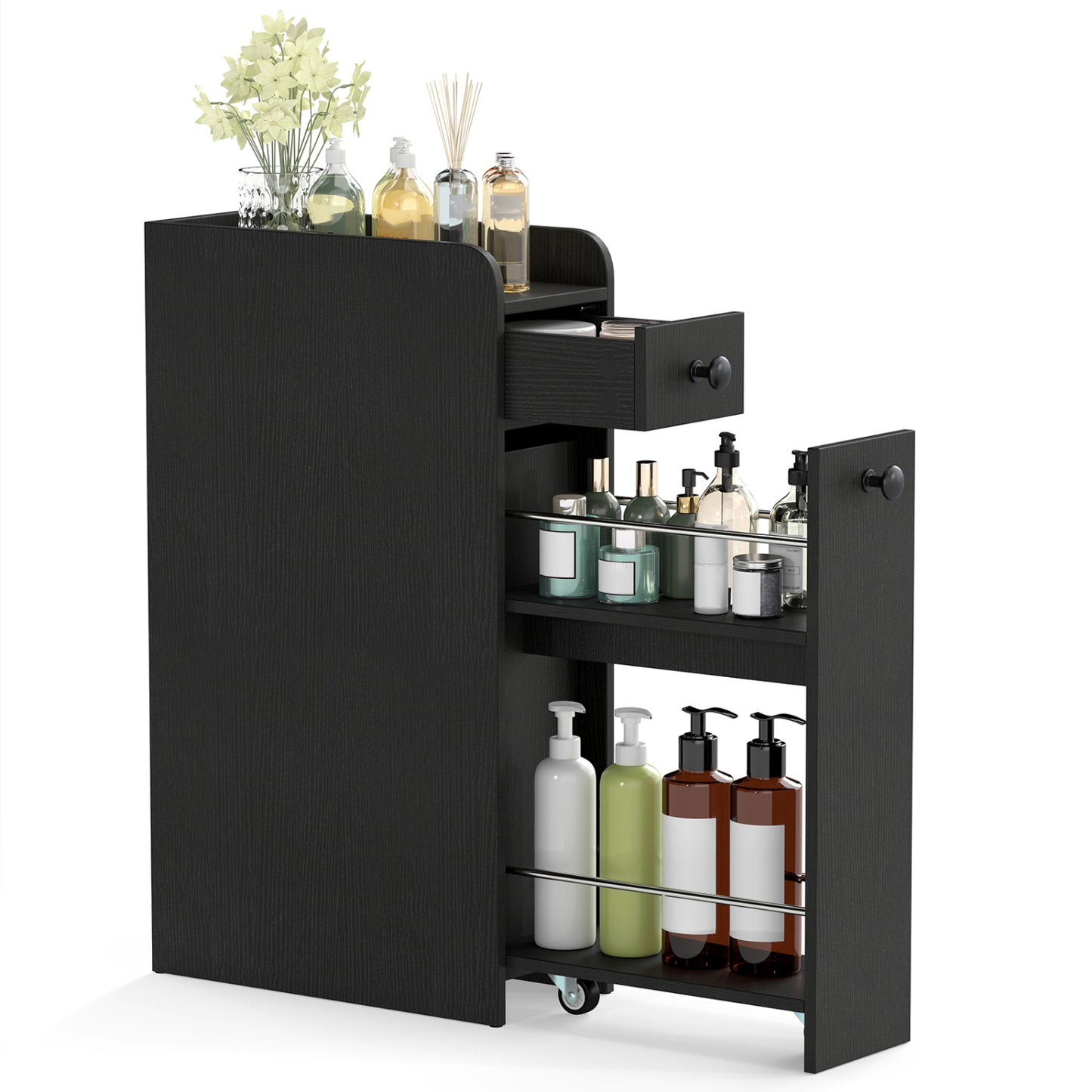 Small Bathroom Storage Cabinet 4-Tier Narrow Toilet Side Storage Cabinet with Slide Out Drawers on Casters, Black Floor Cabinets at Gallery Canada