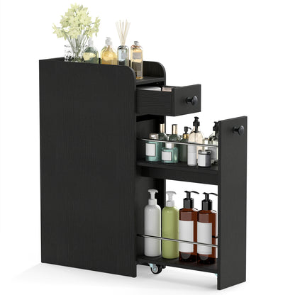 Small Bathroom Storage Cabinet 4-Tier Narrow Toilet Side Storage Cabinet with Slide Out Drawers on Casters, Black Floor Cabinets at Gallery Canada