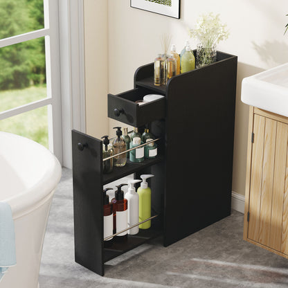 Small Bathroom Storage Cabinet 4-Tier Narrow Toilet Side Storage Cabinet with Slide Out Drawers on Casters, Black Floor Cabinets at Gallery Canada