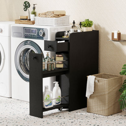 Small Bathroom Storage Cabinet 4-Tier Narrow Toilet Side Storage Cabinet with Slide Out Drawers on Casters, Black Floor Cabinets at Gallery Canada