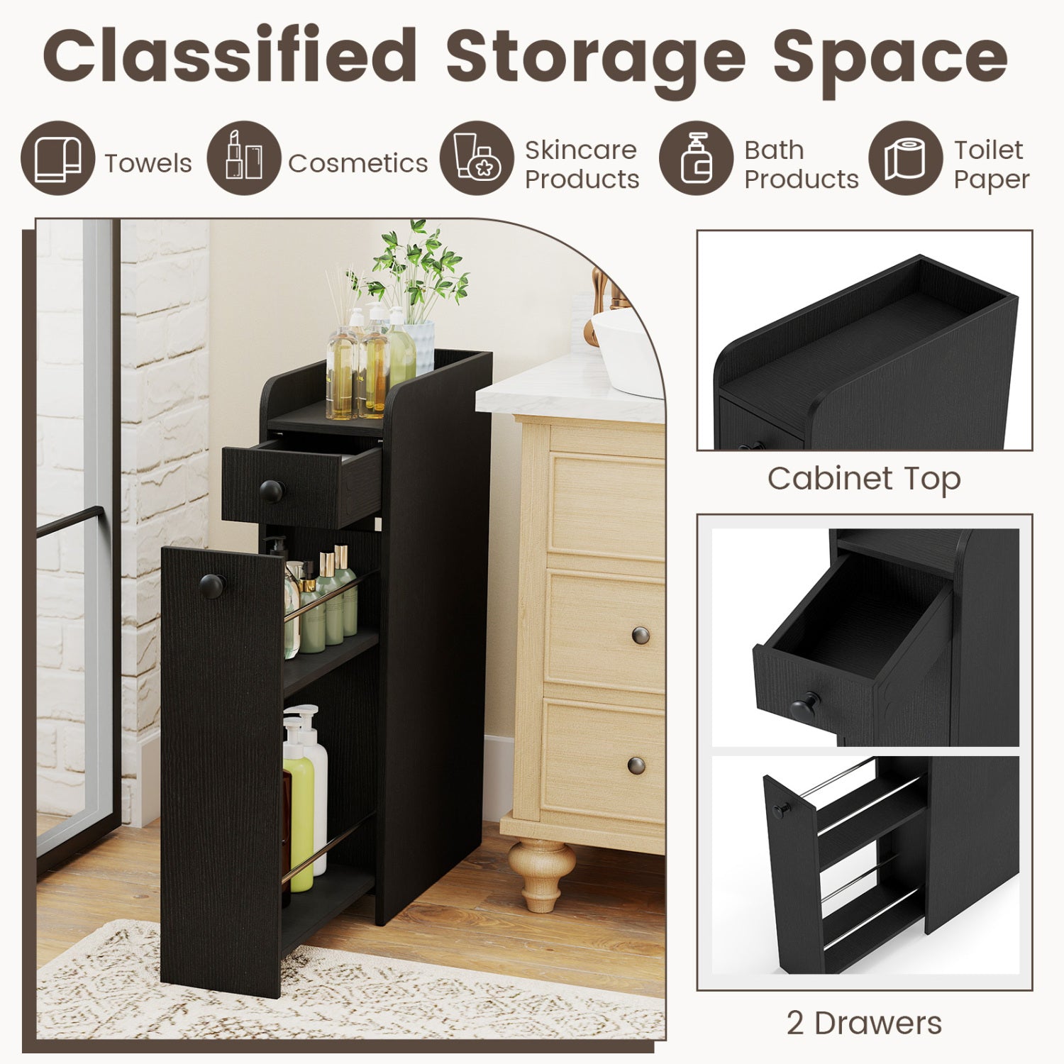 Small Bathroom Storage Cabinet 4-Tier Narrow Toilet Side Storage Cabinet with Slide Out Drawers on Casters, Black Floor Cabinets at Gallery Canada