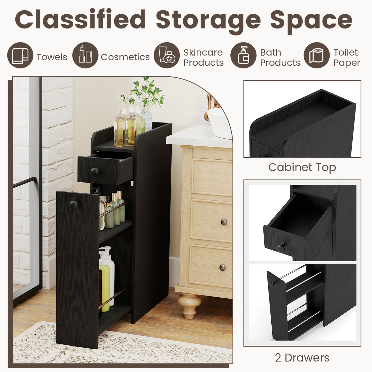 Small Bathroom Storage Cabinet 4-Tier Narrow Toilet Side Storage Cabinet with Slide Out Drawers on Casters, Black Floor Cabinets at Gallery Canada