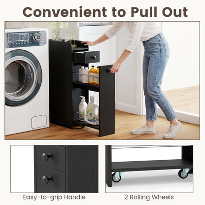 Small Bathroom Storage Cabinet 4-Tier Narrow Toilet Side Storage Cabinet with Slide Out Drawers on Casters, Black Floor Cabinets at Gallery Canada