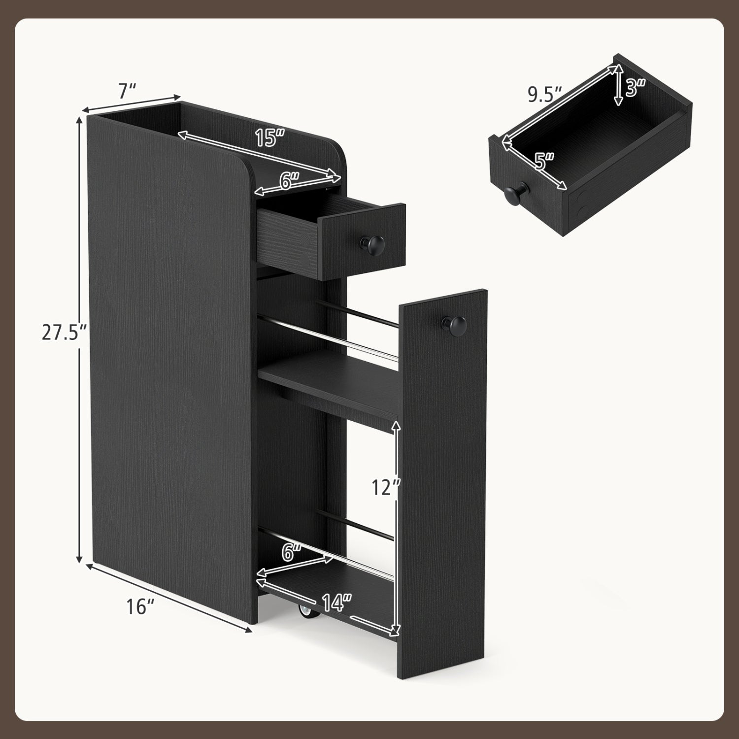 Small Bathroom Storage Cabinet 4-Tier Narrow Toilet Side Storage Cabinet with Slide Out Drawers on Casters, Black Floor Cabinets at Gallery Canada