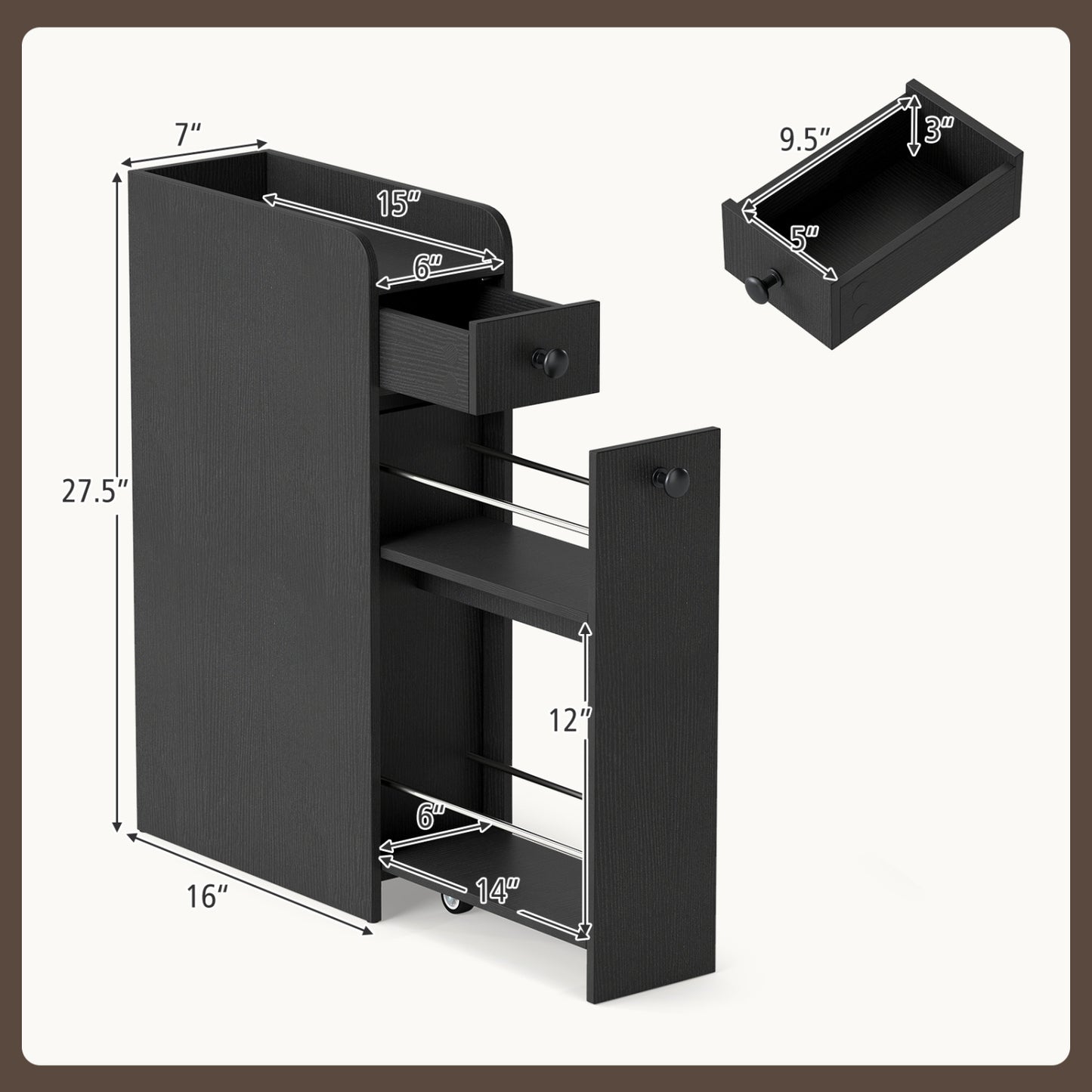 Small Bathroom Storage Cabinet 4-Tier Narrow Toilet Side Storage Cabinet with Slide Out Drawers on Casters, Black Floor Cabinets at Gallery Canada