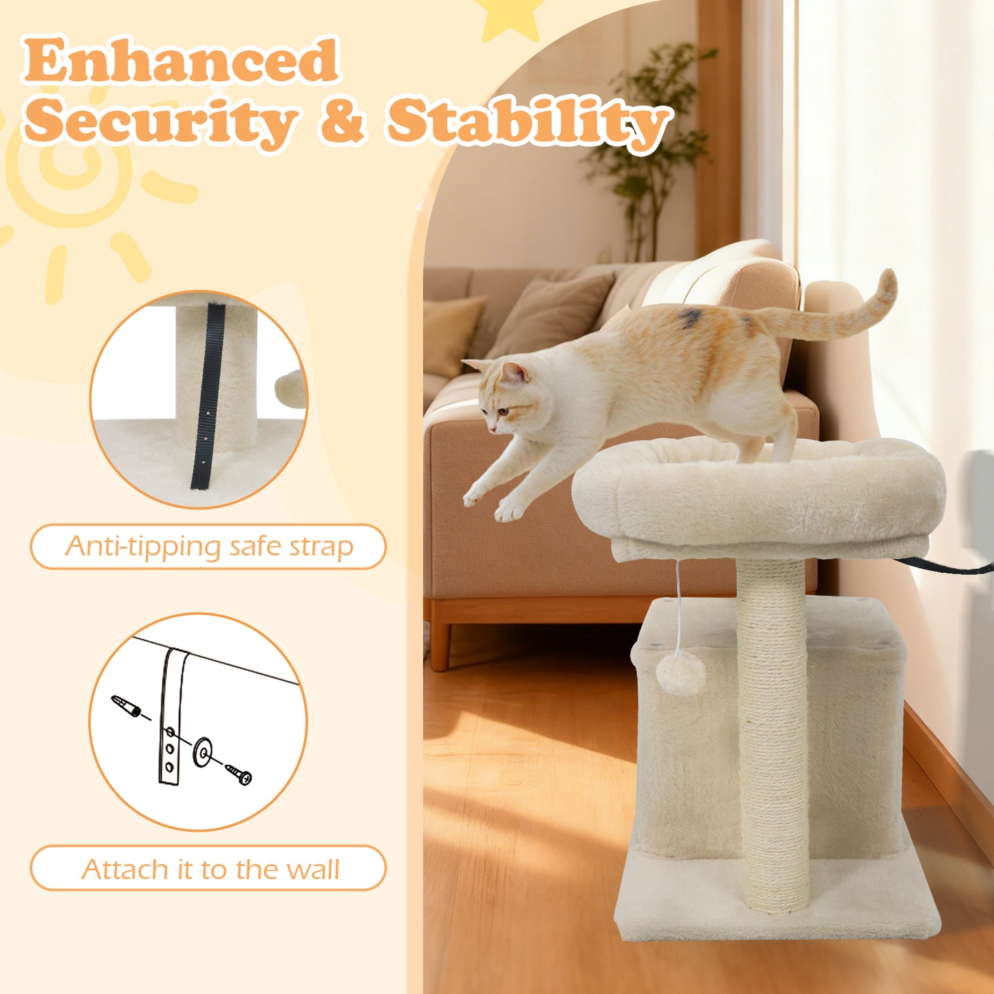Small Cat Tree with Large Padded Plush Perch for Indoor Cats, Beige Cat Trees Condos & Scratchers at Gallery Canada