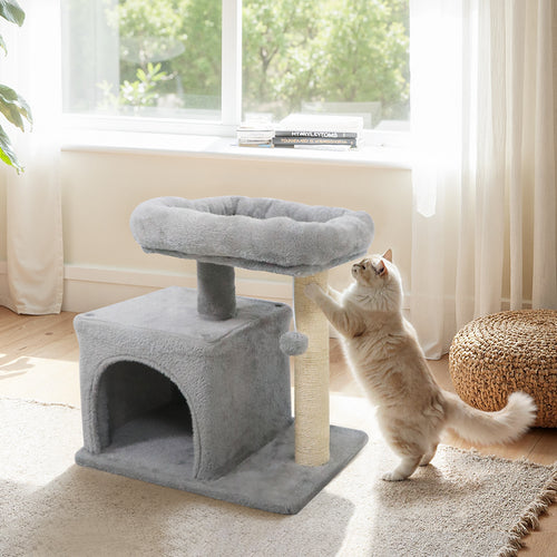 Small Cat Tree with Large Padded Plush Perch for Indoor Cats, Light Gray