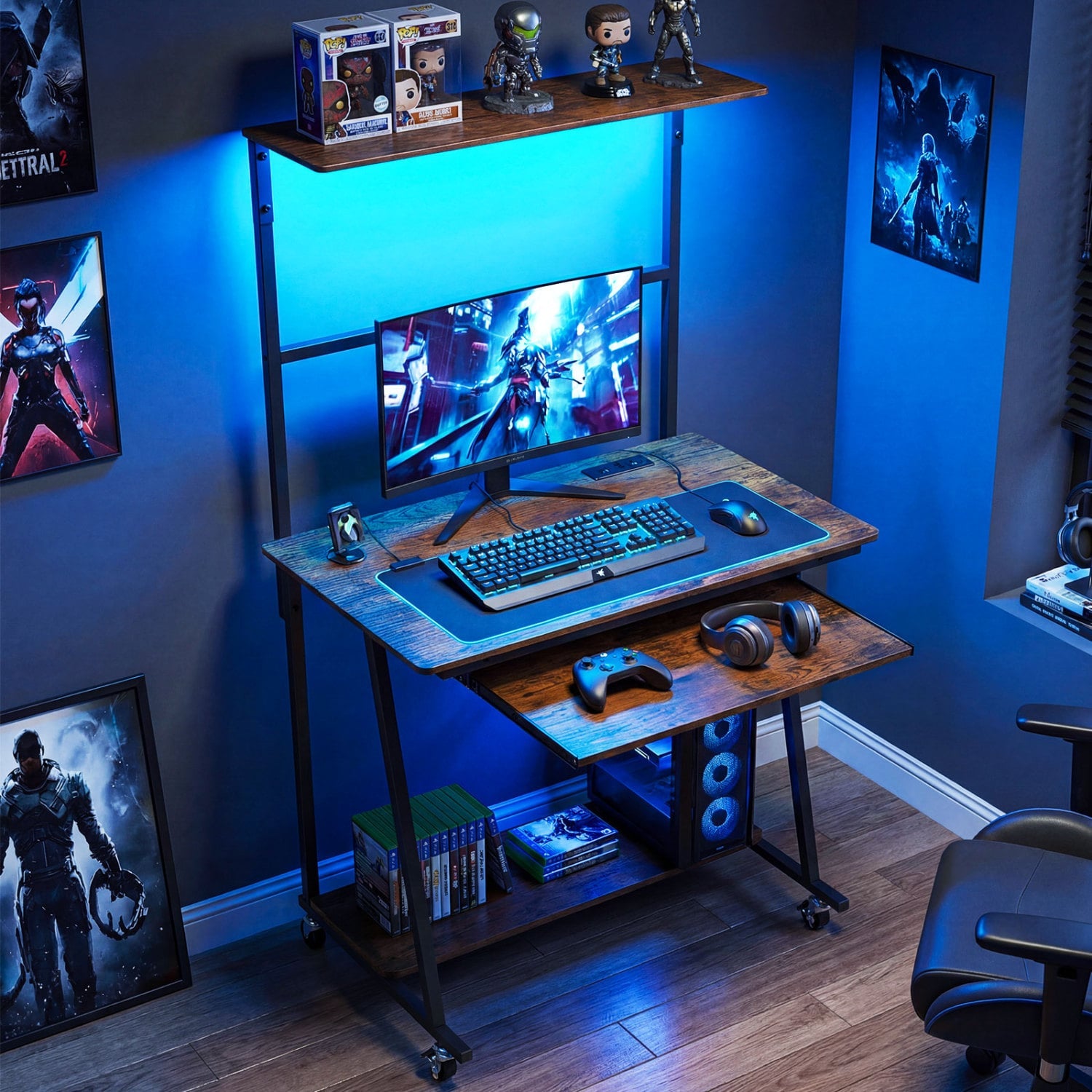 Small Computer Desk With Charging Station, LED Lights, Wheels, Rustic Brown Computer Desks at Gallery Canada