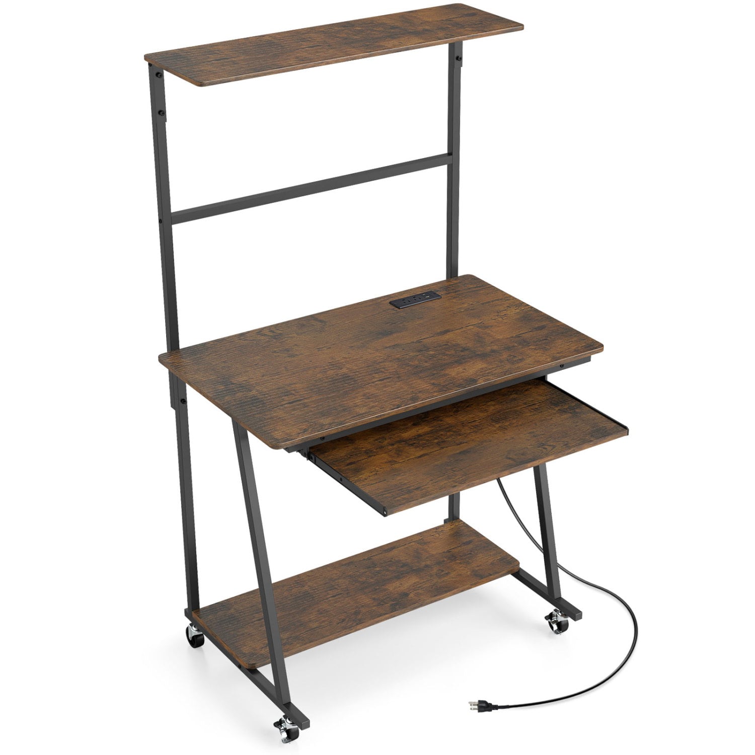 Small Computer Desk With Charging Station, LED Lights, Wheels, Rustic Brown Computer Desks Rustic Brown at Gallery Canada