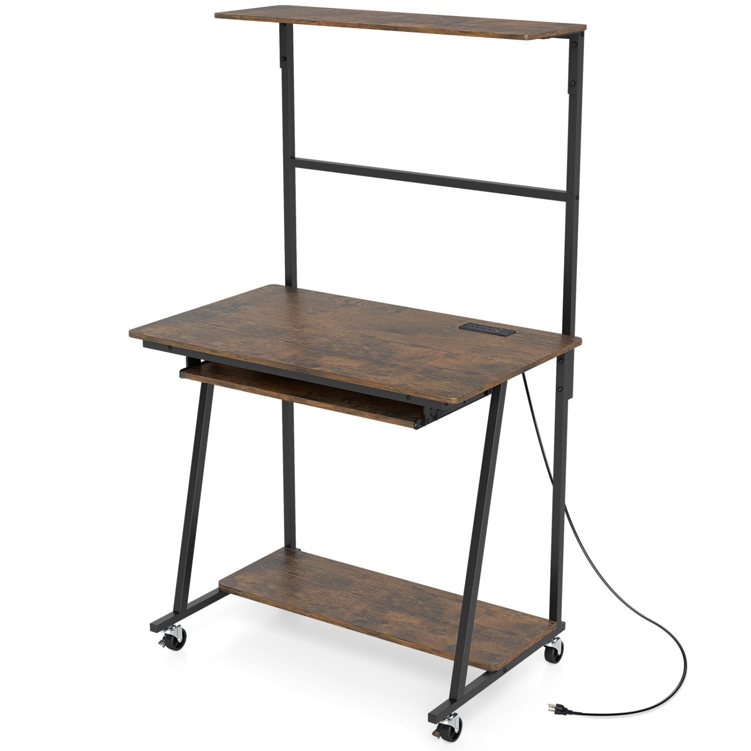 Small Computer Desk With Charging Station, LED Lights, Wheels, Rustic Brown Computer Desks at Gallery Canada