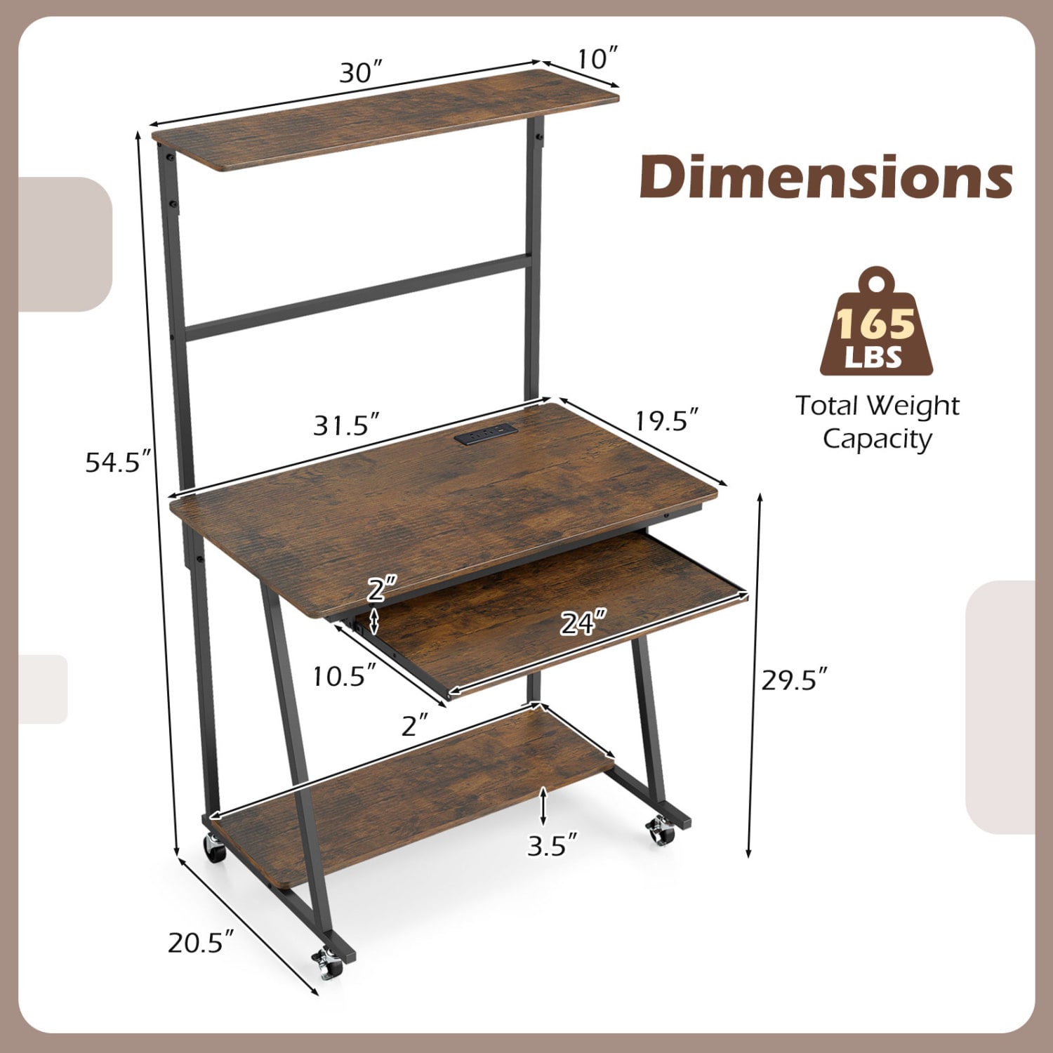 Small Computer Desk With Charging Station, LED Lights, Wheels, Rustic Brown Computer Desks at Gallery Canada