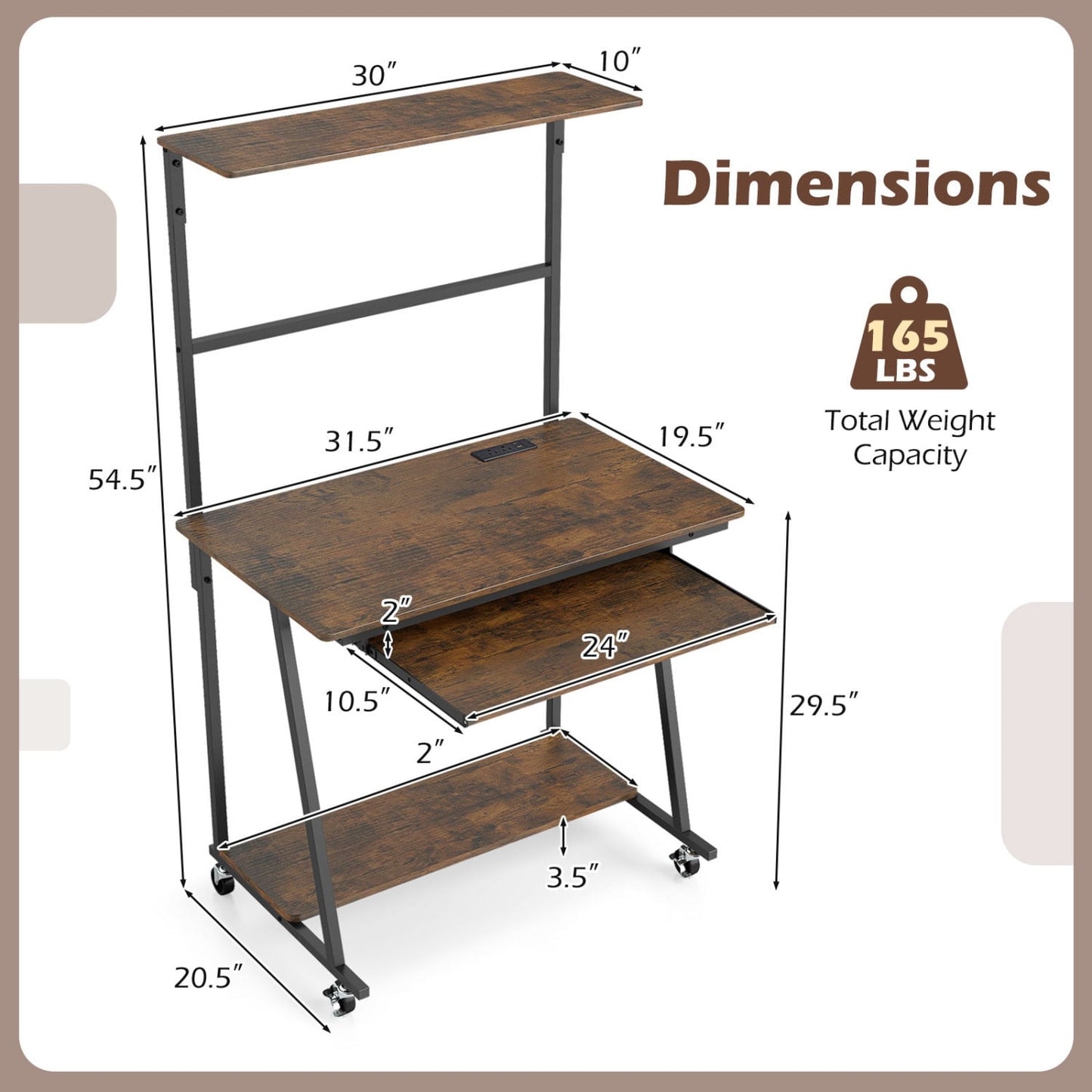 Small Computer Desk With Charging Station, LED Lights, Wheels, Rustic Brown Computer Desks at Gallery Canada