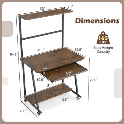 Small Computer Desk With Charging Station, LED Lights, Wheels, Rustic Brown Computer Desks at Gallery Canada