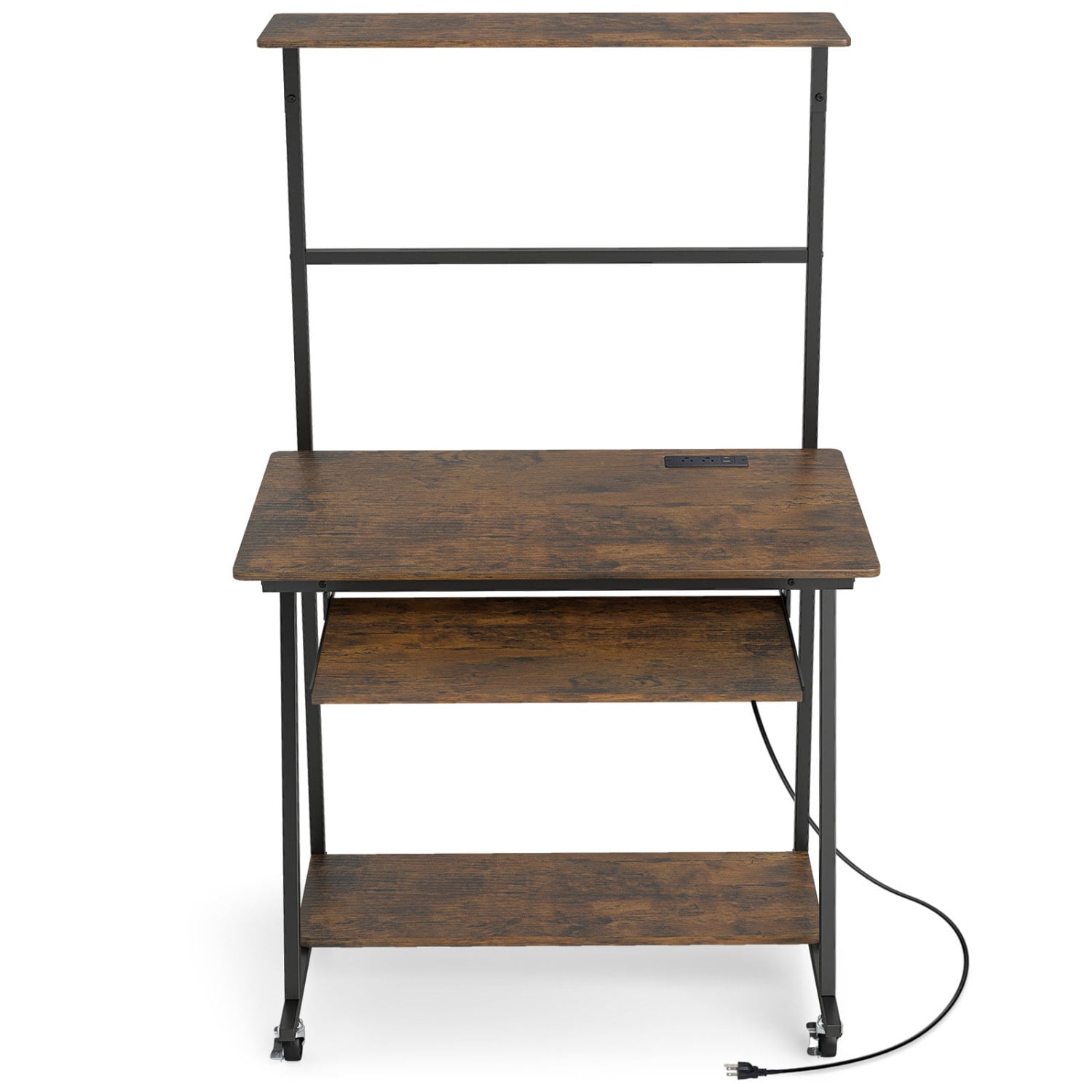 Small Computer Desk With Charging Station, LED Lights, Wheels, Rustic Brown Computer Desks at Gallery Canada