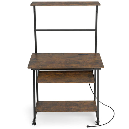 Small Computer Desk With Charging Station, LED Lights, Wheels, Rustic Brown Computer Desks at Gallery Canada
