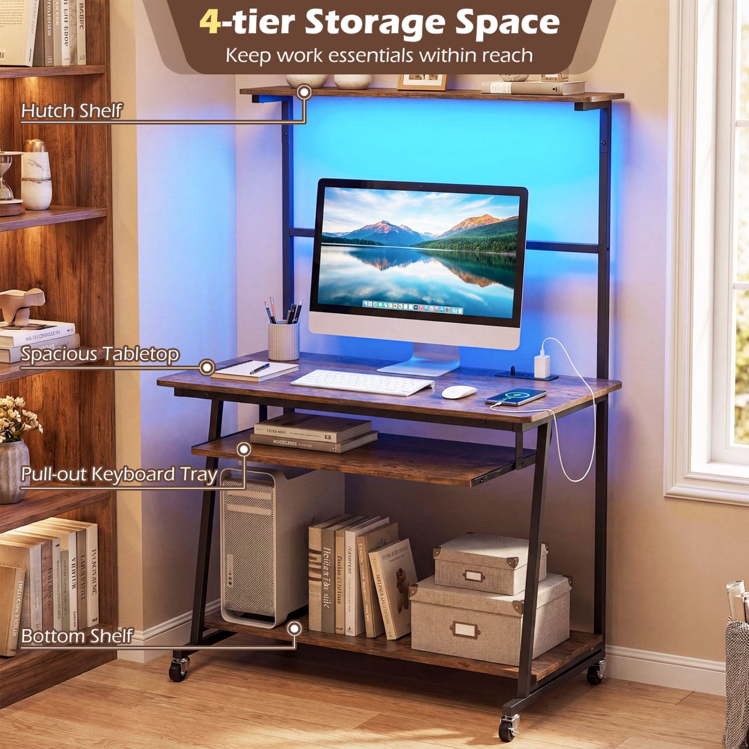 Small Computer Desk With Charging Station, LED Lights, Wheels, Rustic Brown Computer Desks at Gallery Canada