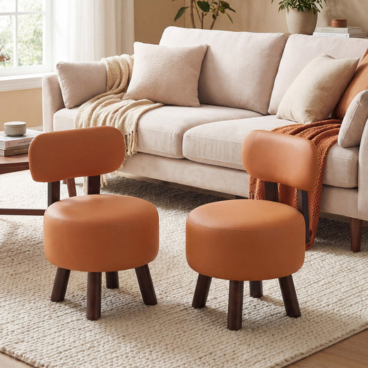 Small Footrest Stools Set of 2, Round Ottoman with Backrest, Orange Ottomans Orange at Gallery Canada