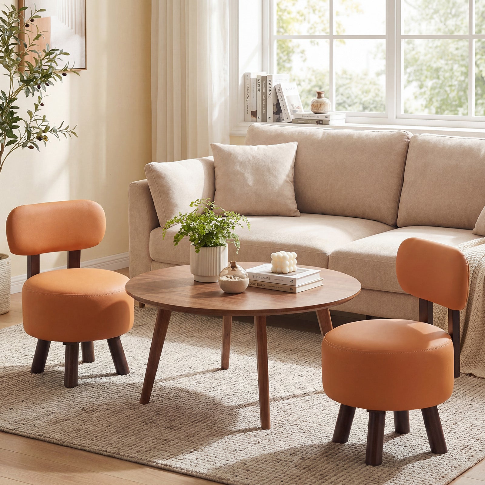 Small Footrest Stools Set of 2, Round Ottoman with Backrest, Orange Ottomans at Gallery Canada