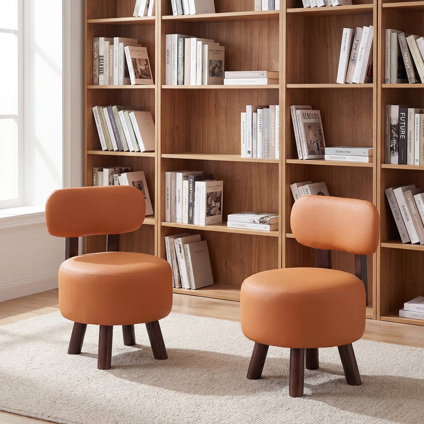 Small Footrest Stools Set of 2, Round Ottoman with Backrest, Orange Ottomans at Gallery Canada