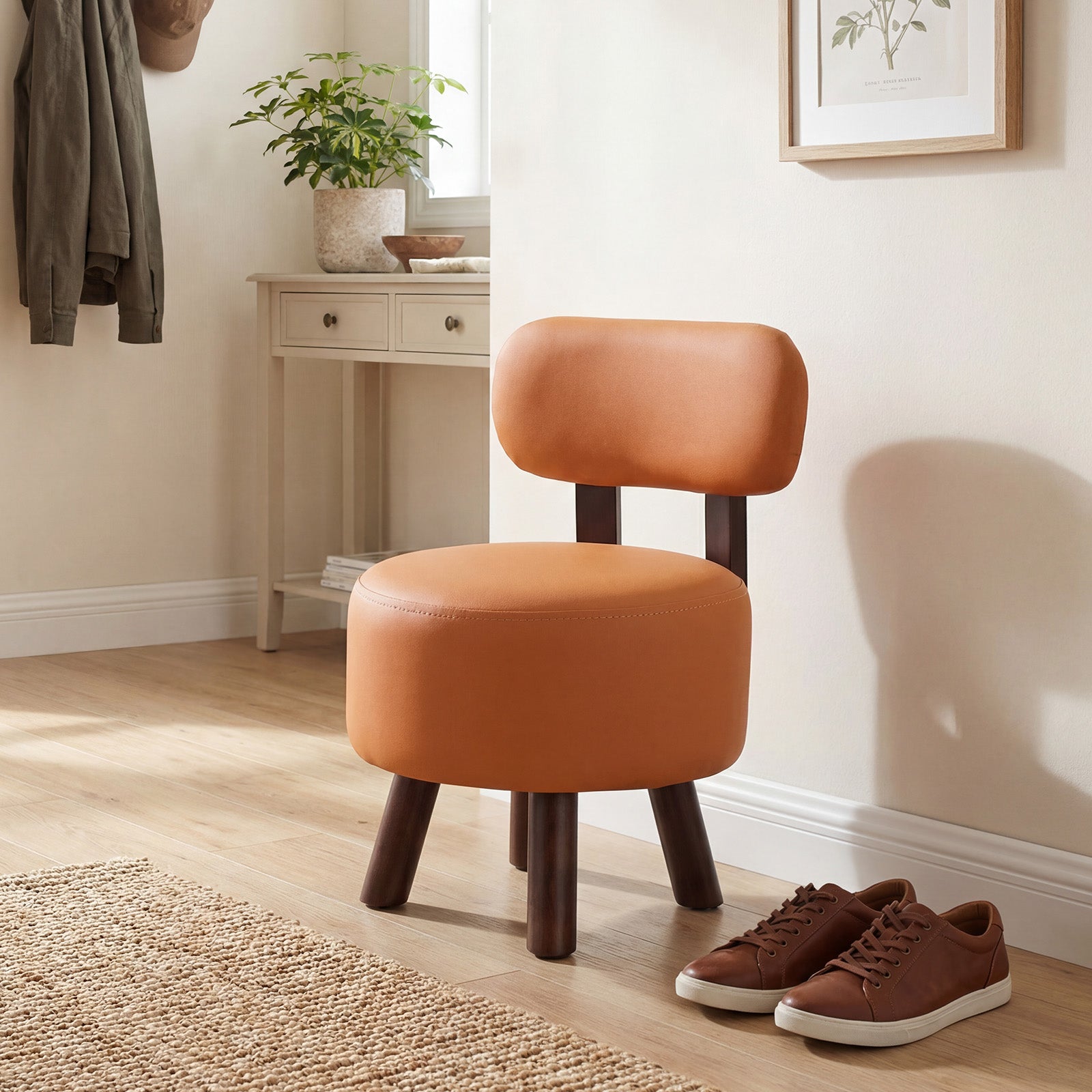 Small Footrest Stools Set of 2, Round Ottoman with Backrest, Orange Ottomans at Gallery Canada