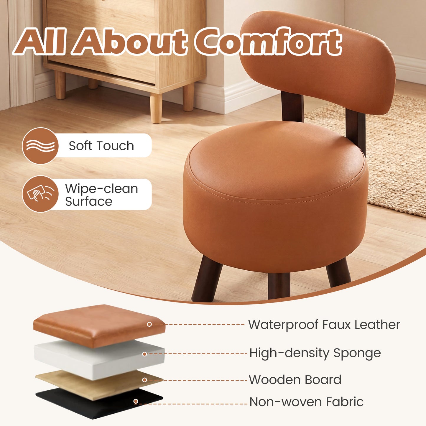 Small Footrest Stools Set of 2, Round Ottoman with Backrest, Orange Ottomans at Gallery Canada