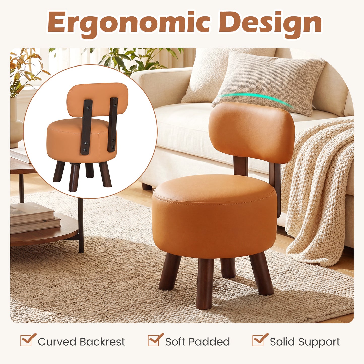 Small Footrest Stools Set of 2, Round Ottoman with Backrest, Orange Ottomans at Gallery Canada