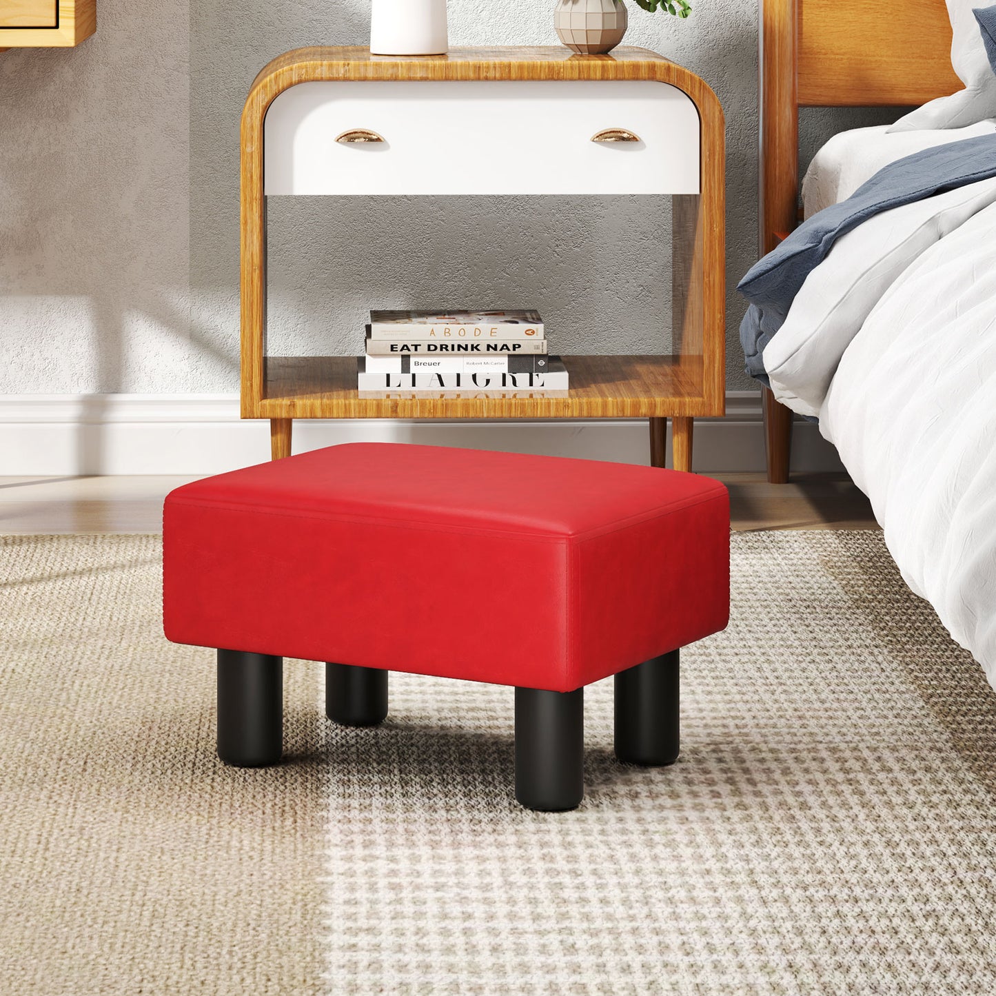 Small Rectangular Seat Ottoman Footstool, PU Leather, Red