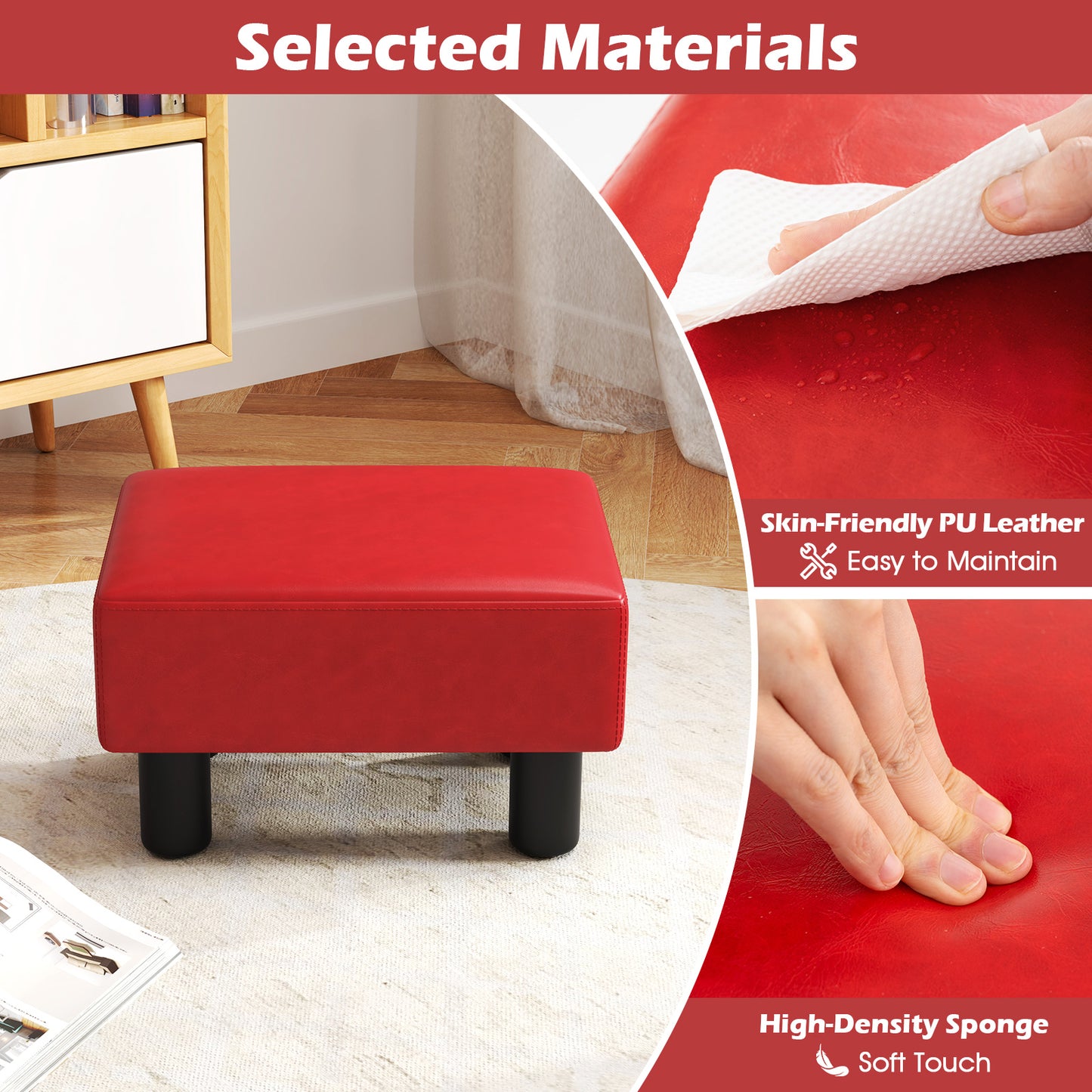Small Rectangular Seat Ottoman Footstool, PU Leather, Red