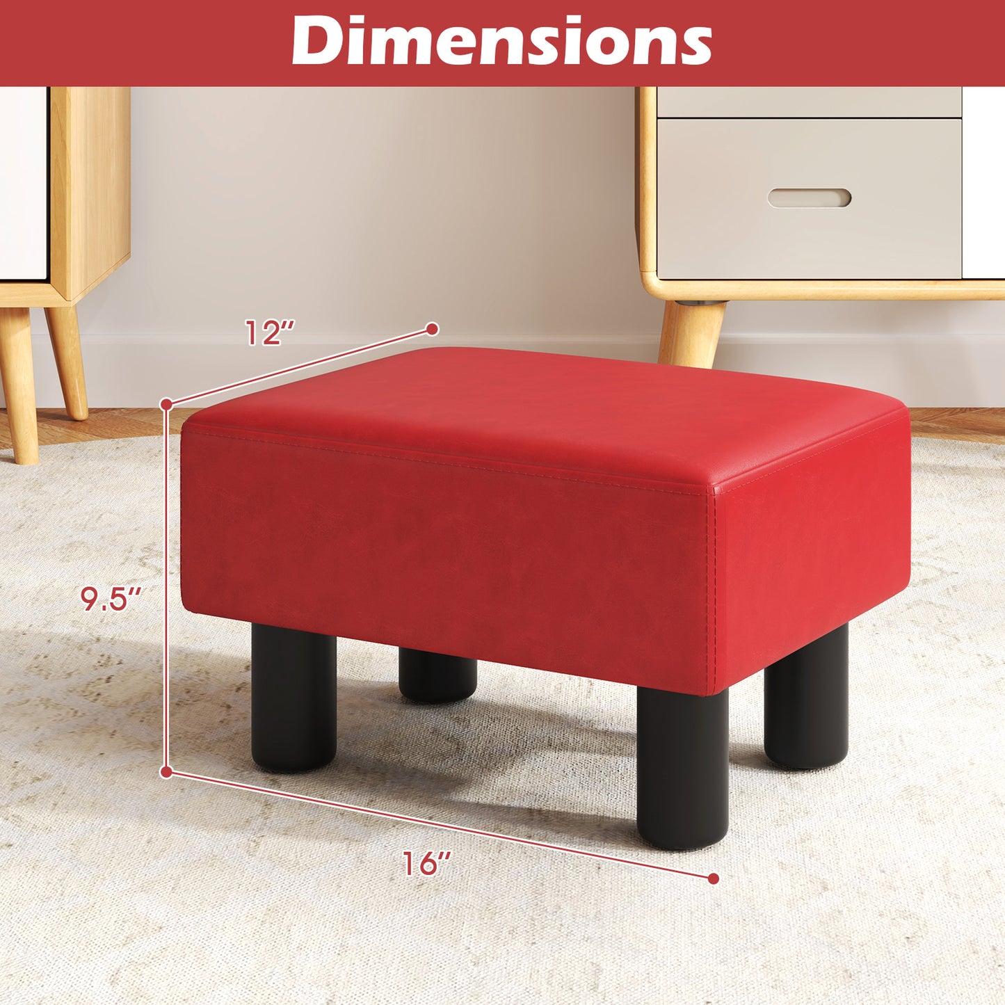 Small Rectangular Seat Ottoman Footstool, PU Leather, Red
