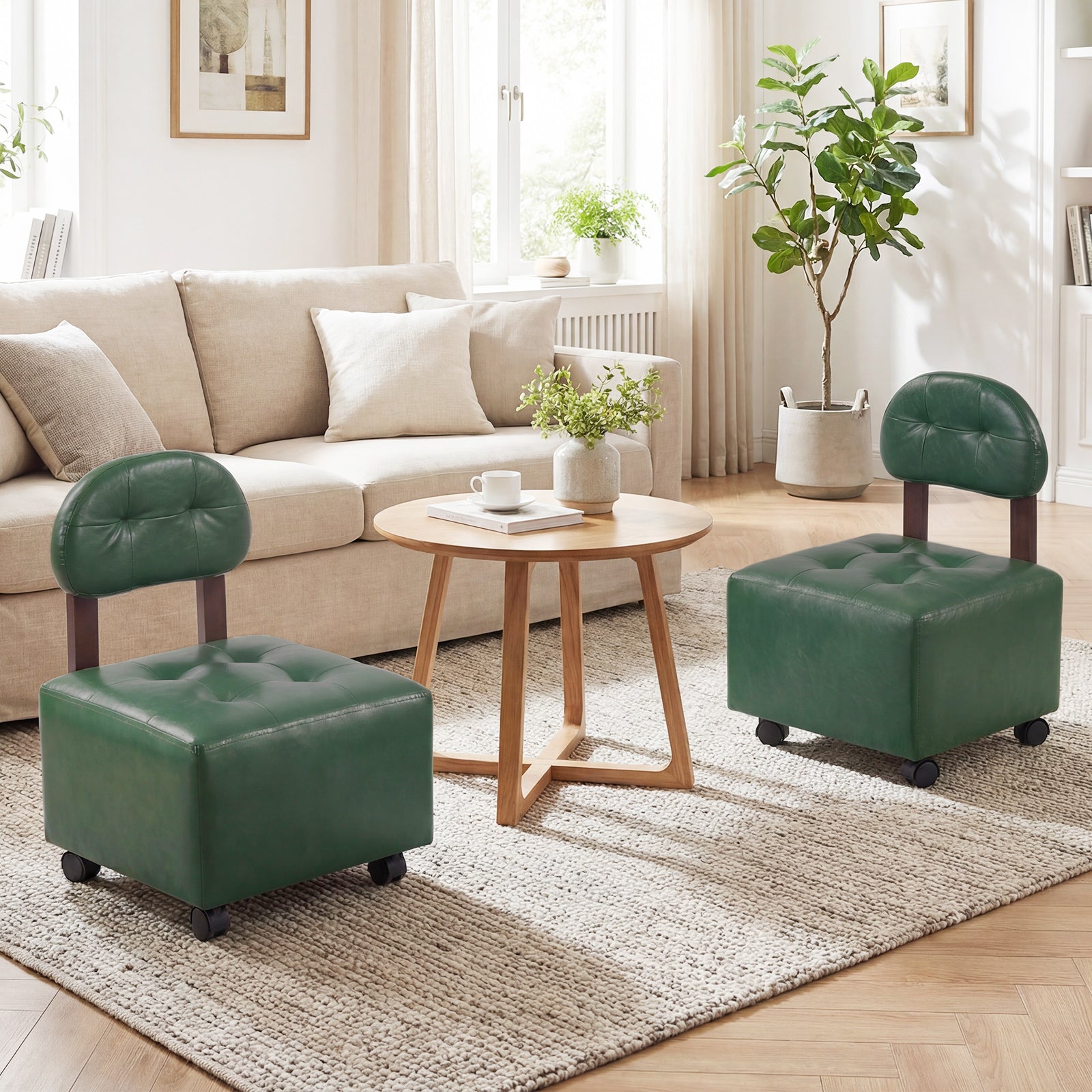 Small Rolling Footrest Stools Set Of 2, Green Ottomans at Gallery Canada