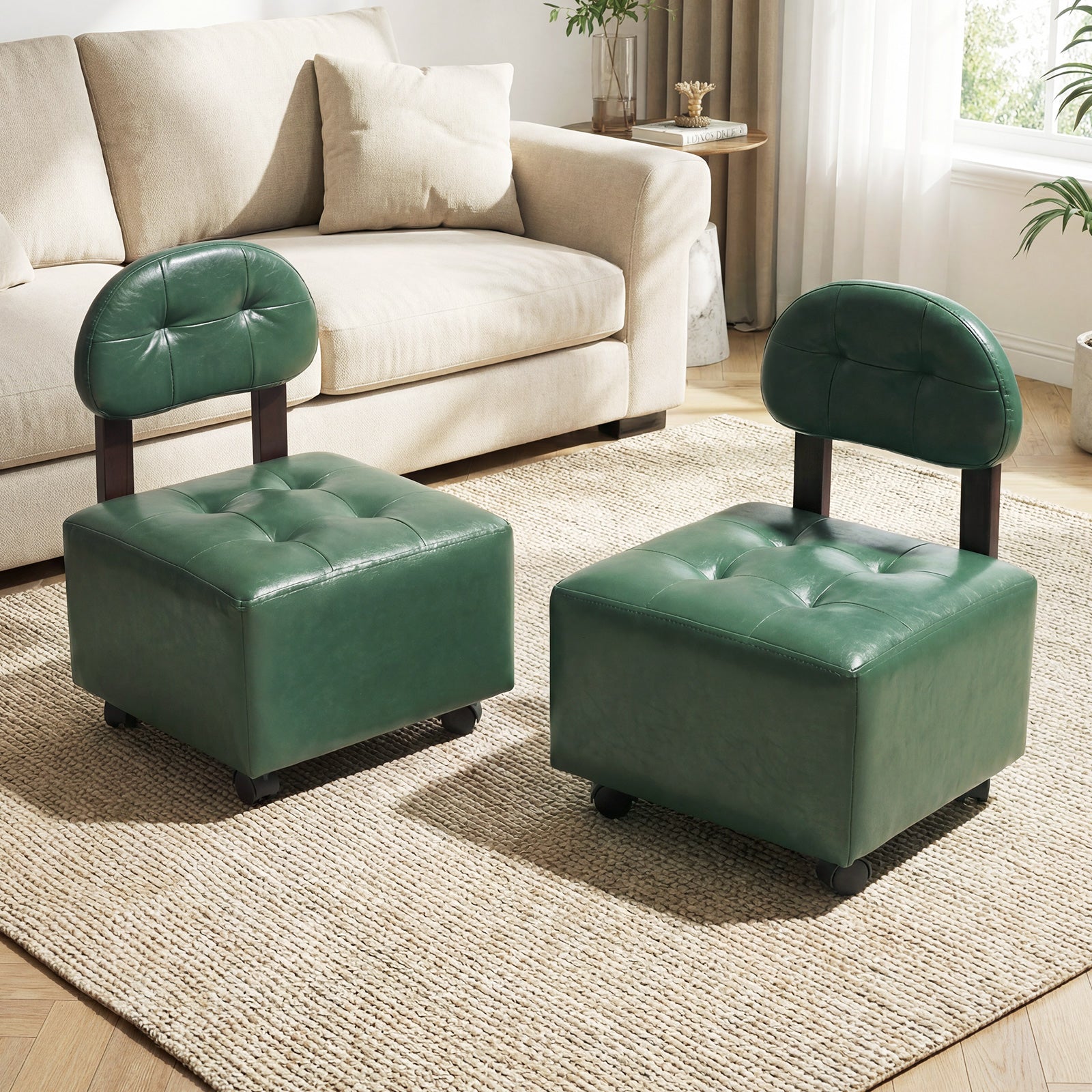 Small Rolling Footrest Stools Set Of 2, Green Ottomans at Gallery Canada