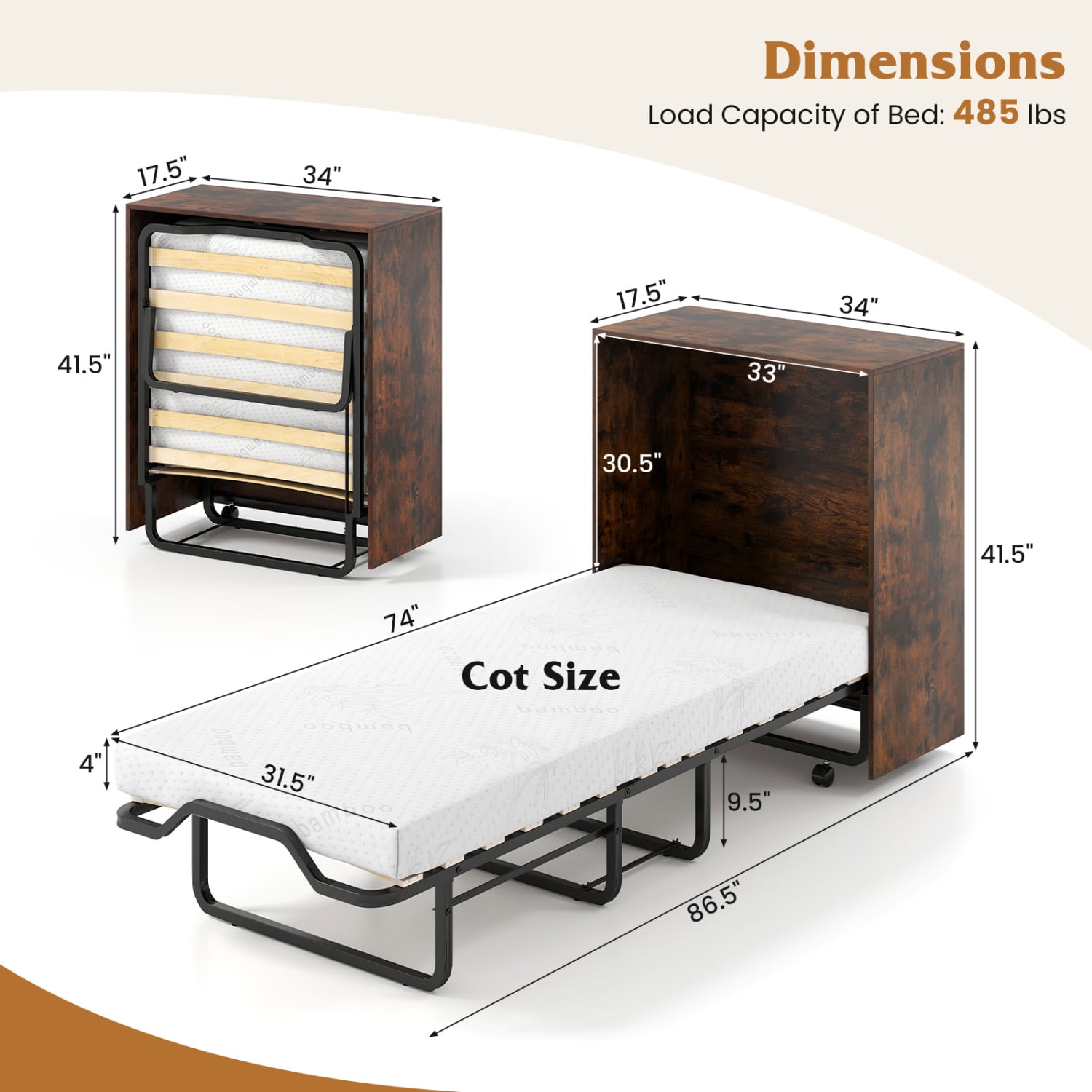 Transformer Murphy Bed With Wheels, Foldable Cot, Brown Folding Beds at Gallery Canada