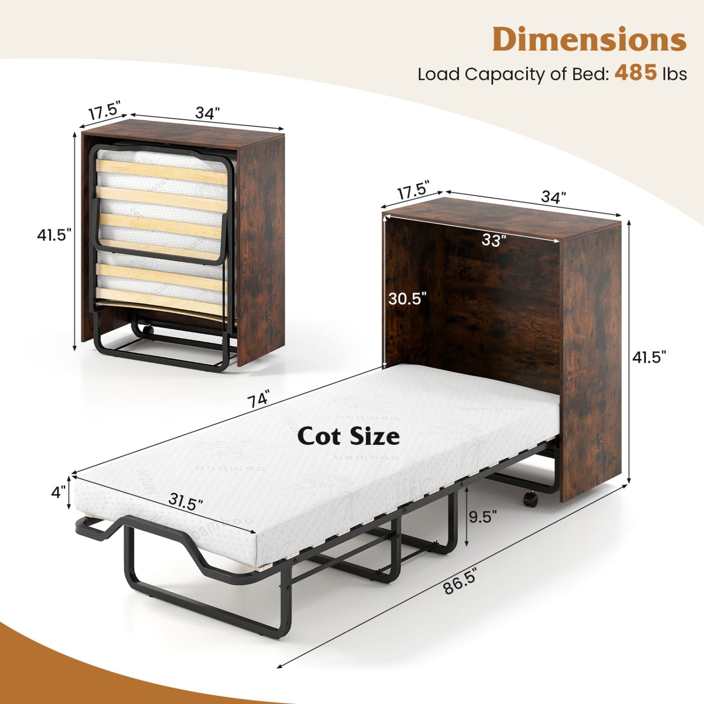 Transformer Murphy Bed With Wheels, Foldable Cot, Brown Folding Beds at Gallery Canada
