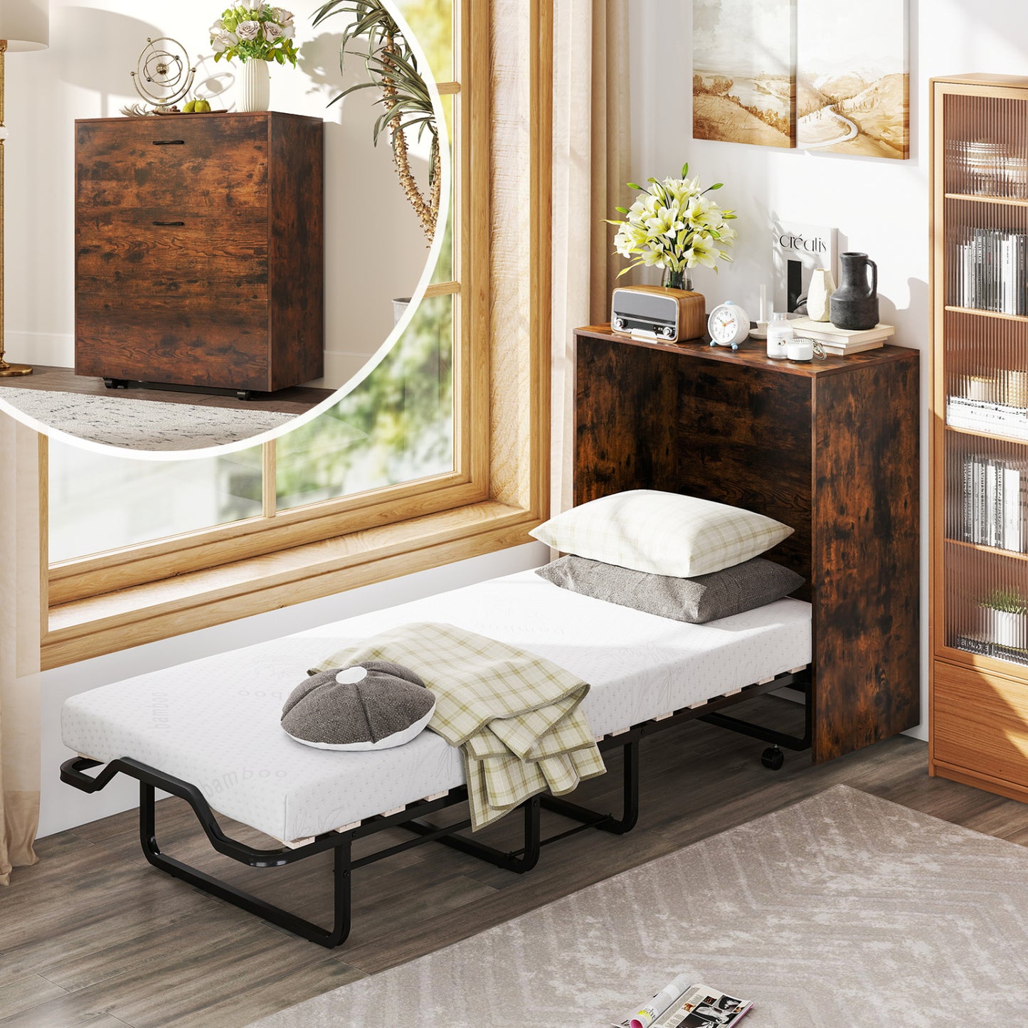 Transformer Murphy Bed With Wheels, Foldable Cot, Brown Folding Beds at Gallery Canada