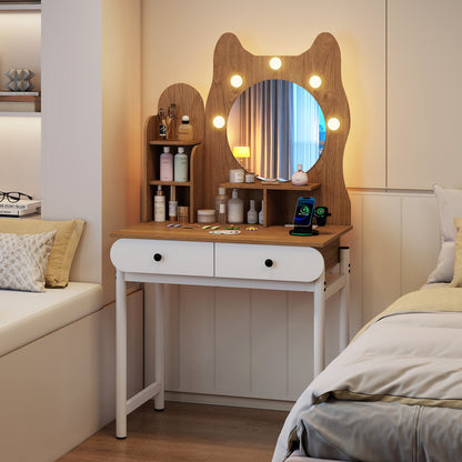 Small Vanity Desk with Mirror and Lights Cute Kitty Makeup Table with Power Outlets, Natural Makeup Vanities at Gallery Canada