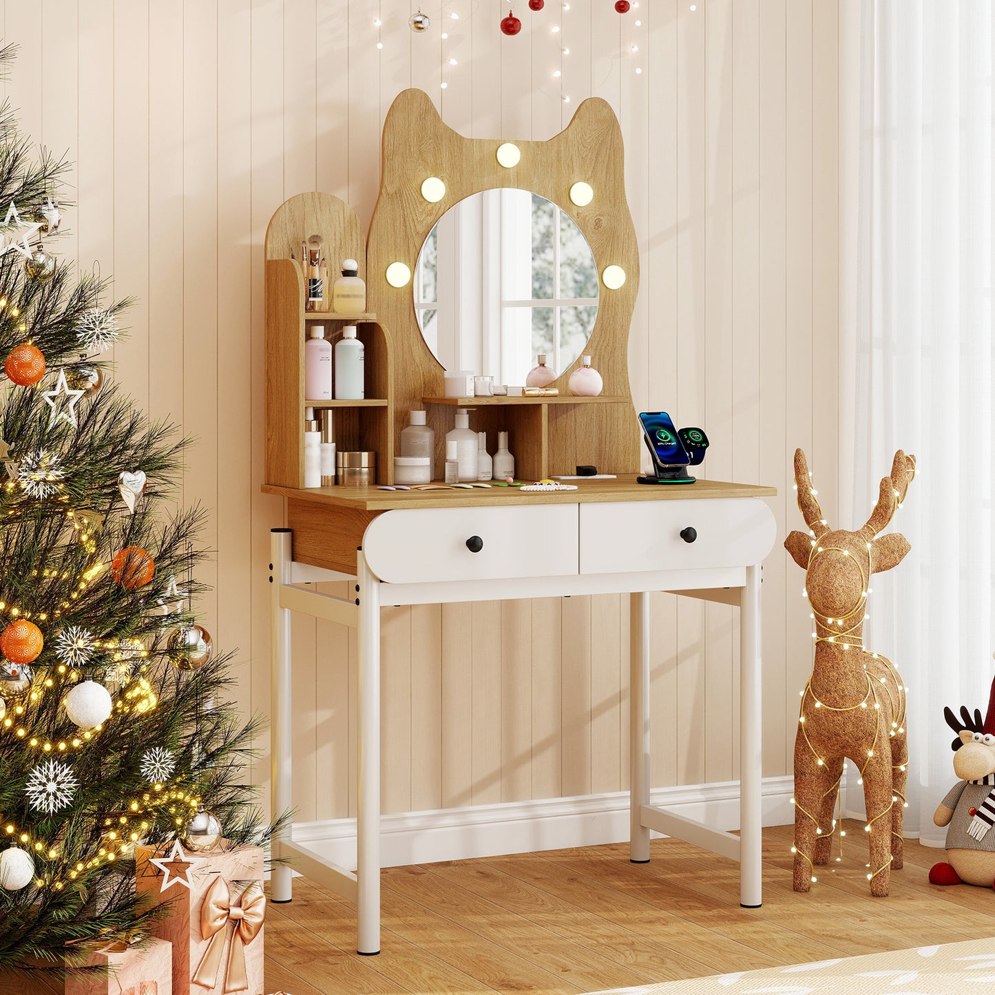 Small Vanity Desk with Mirror and Lights Cute Kitty Makeup Table with Power Outlets, Natural Makeup Vanities at Gallery Canada