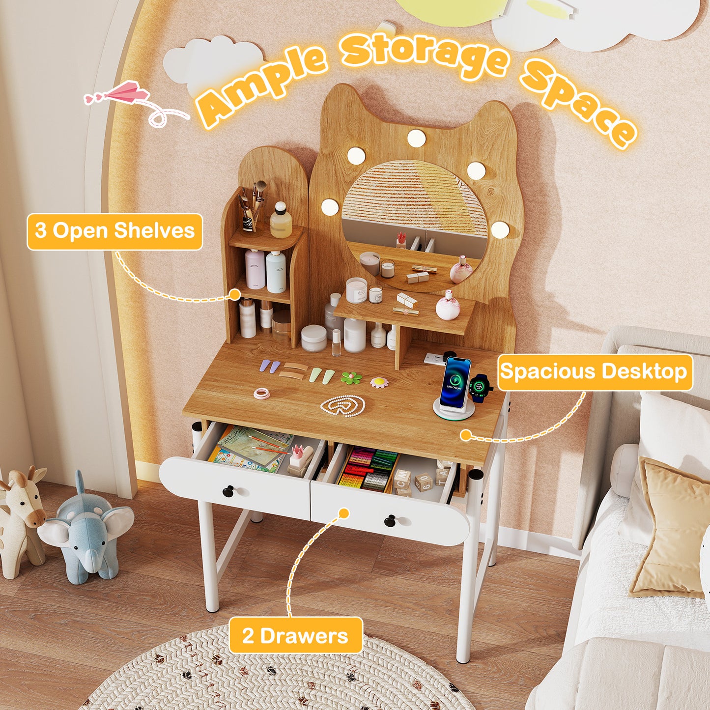 Small Vanity Desk with Mirror and Lights Cute Kitty Makeup Table with Power Outlets, Natural Makeup Vanities at Gallery Canada