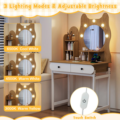 Small Vanity Desk with Mirror and Lights Cute Kitty Makeup Table with Power Outlets, Natural Makeup Vanities at Gallery Canada
